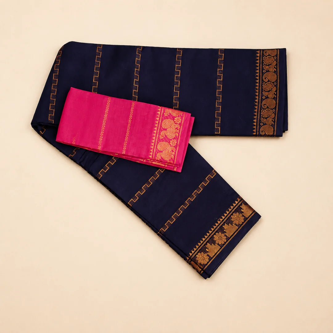 Attractive Navy Blue Cotton Saree with Contrast Pink Designer Blouse