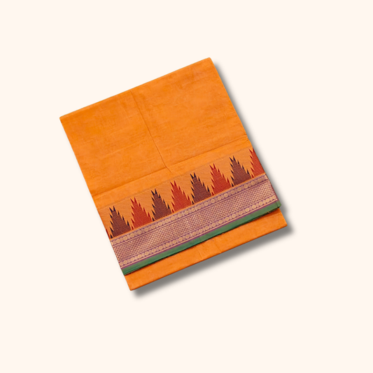 Yellow Chettinad Cotton Saree with Traditional Temple Border – Without Blouse
