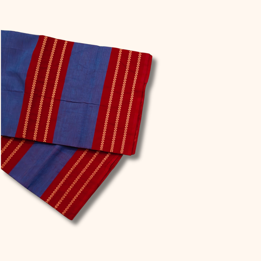 Blue Chettinad Cotton Saree with Red Border and Gold Zigzag Design – Without Blouse