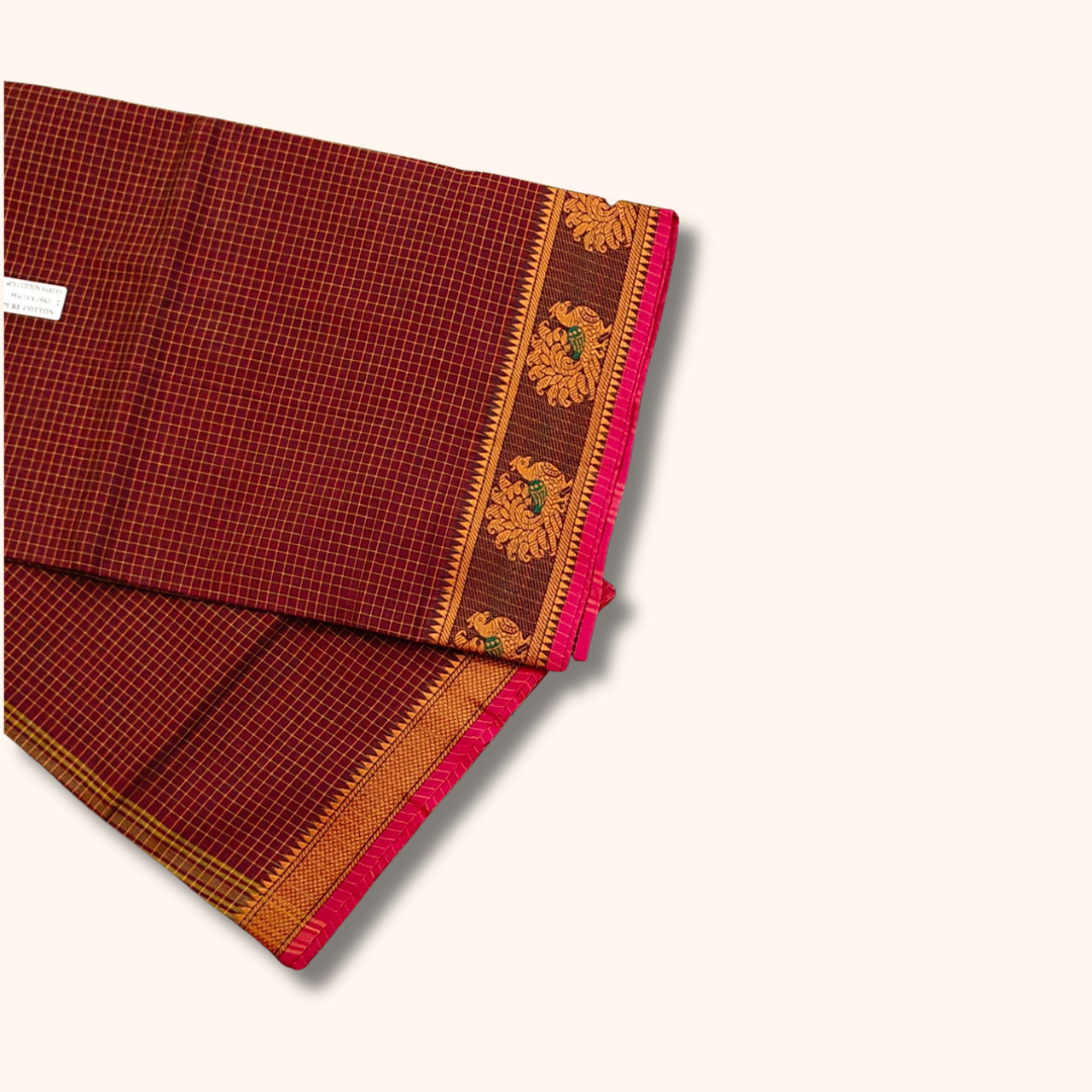 Maroon Chettinad Cotton Saree with Peacock Zari Border – Without Blouse
