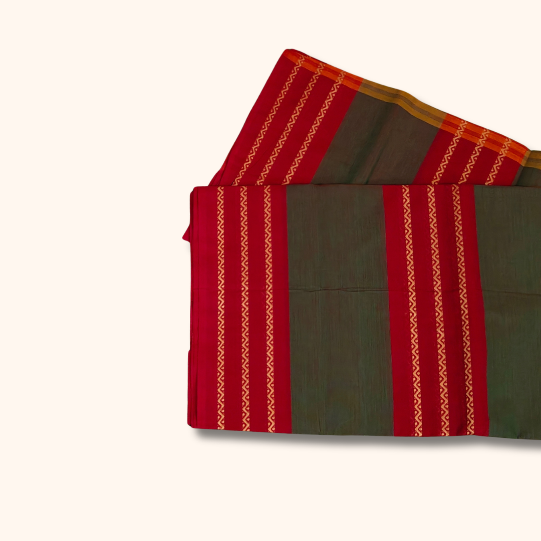 Olive Green Chettinad Cotton Saree with Red Border and Gold Pattern