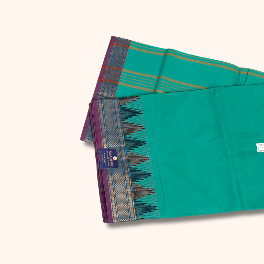 Turquoise Blue Chettinad Cotton Saree with Traditional Temple Border – Without Blouse