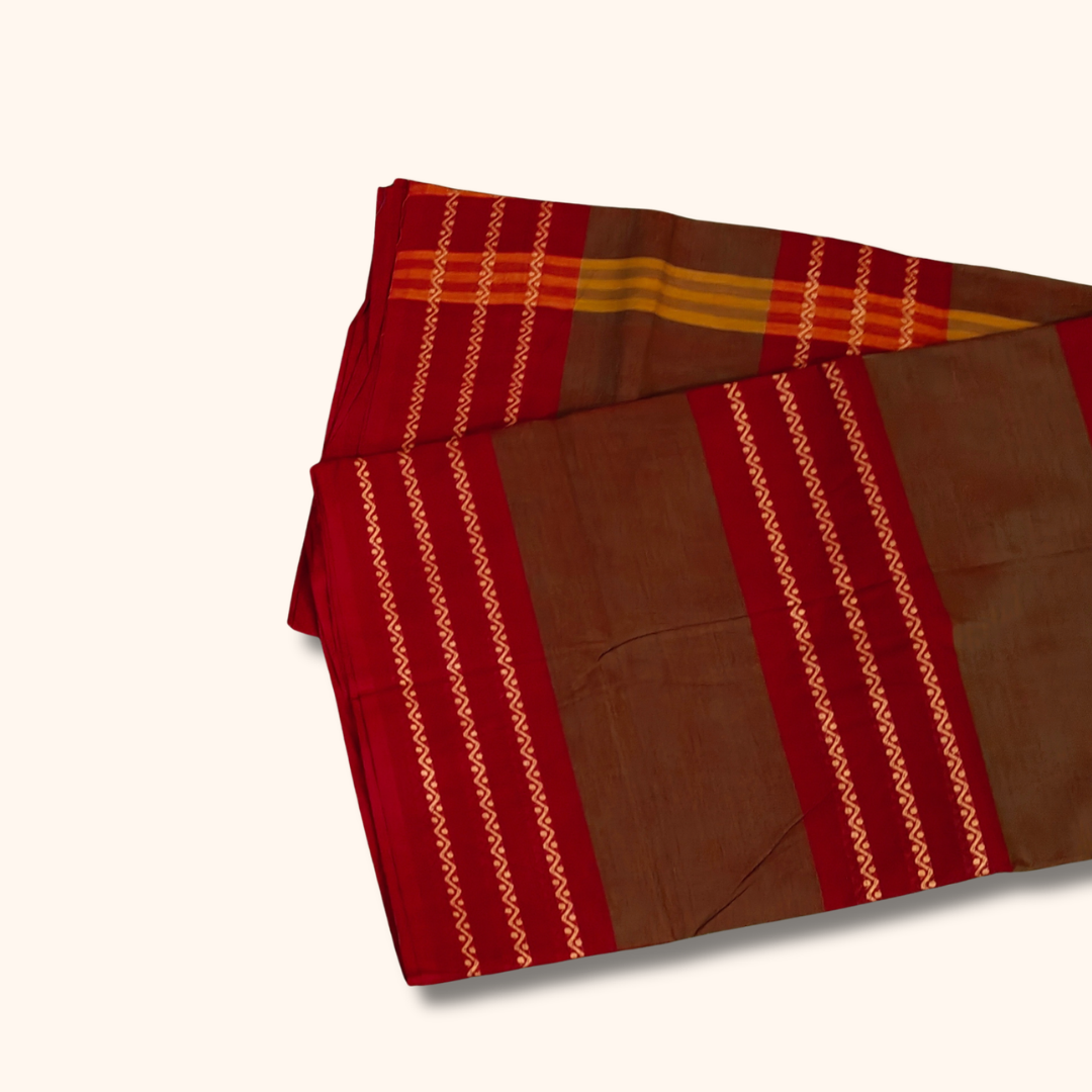 Coffee Brown Chettinad Cotton Saree with Maroon and Gold Border – Without Blouse