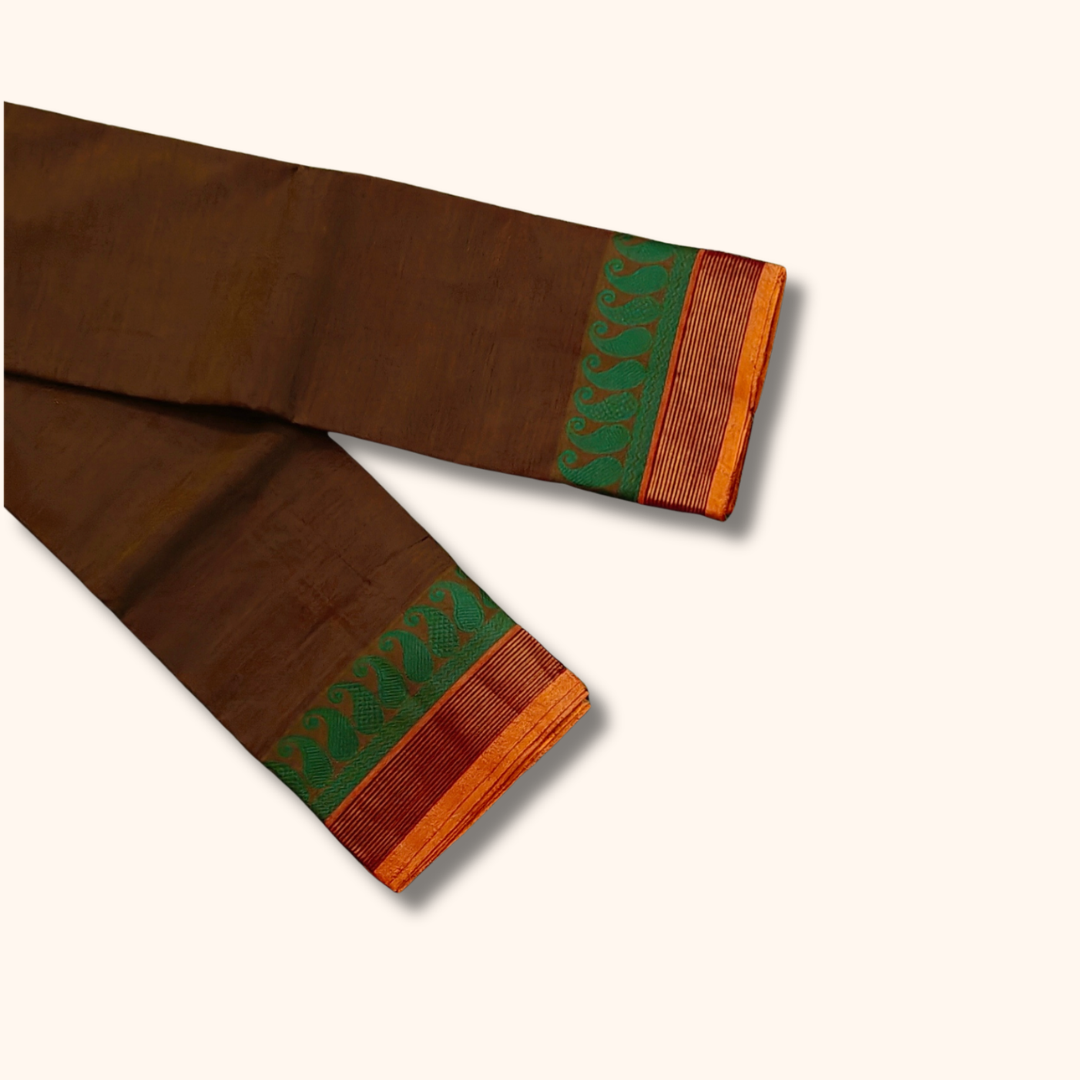 Coffee Brown Chettinad Cotton Saree with Green and Orange Border – Without Blouse