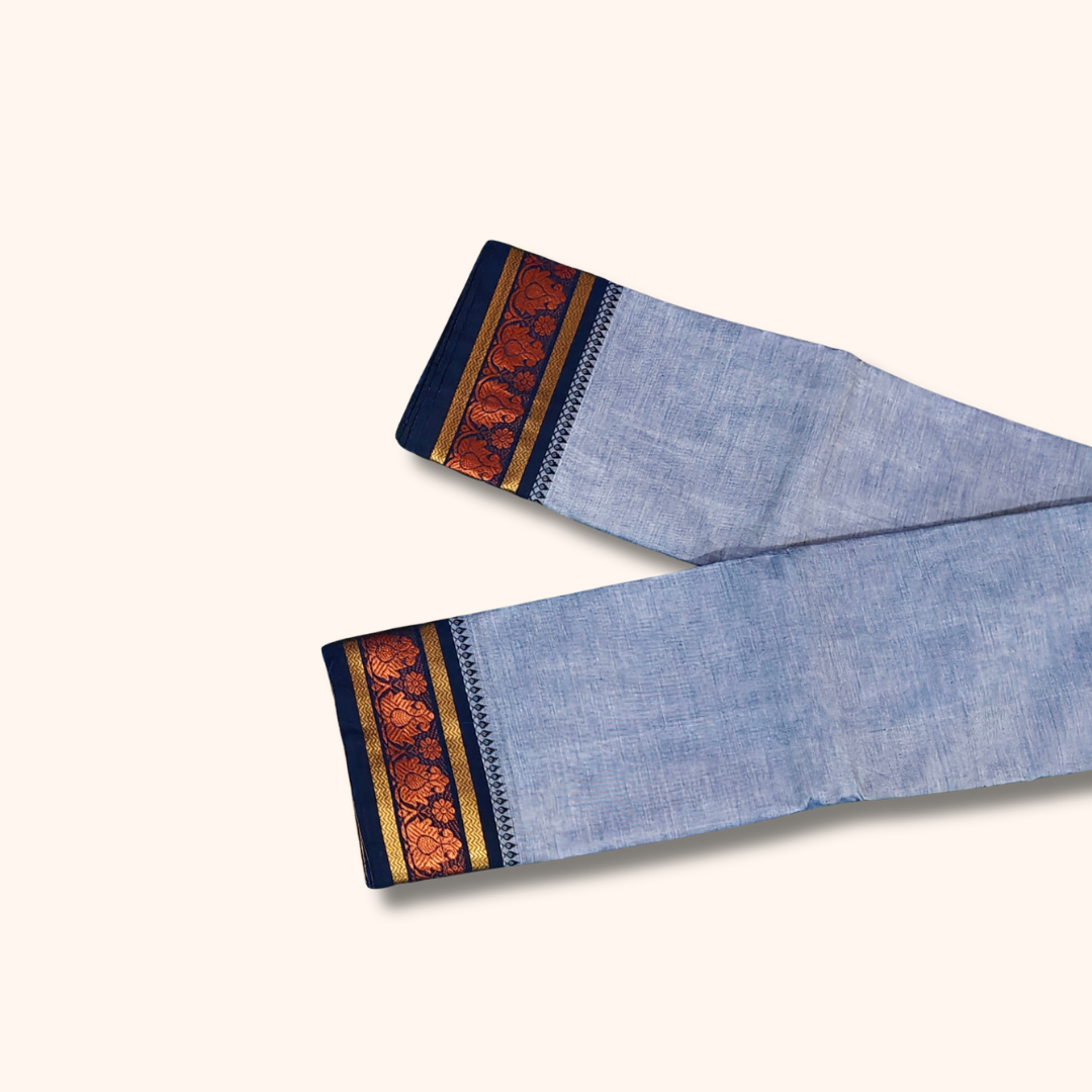Light Blue Chettinad Cotton Saree with Navy Blue and Copper-Gold Border β Without Blouse