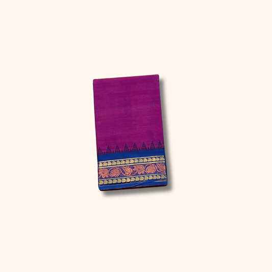 Magenta Chettinad Cotton Saree with Royal Blue and Gold Zari Border - Without Blouse