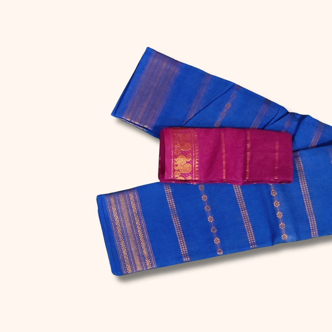 Royal Blue Sungudi Cotton Saree with Gold Motif Stripes and Magenta Blouse Piece