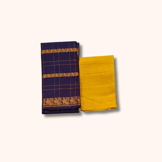Navy Blue Sungudi Cotton Saree with Golden Checks and Traditional Border – Separate Blouse