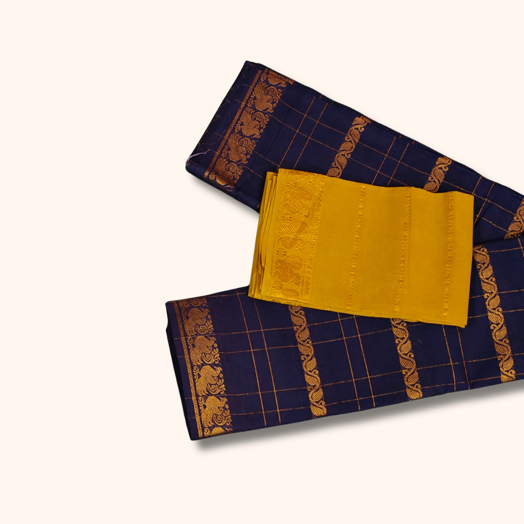 Navy Blue Sungudi Cotton Saree with Golden Checks and Traditional Border β Separate Blouse