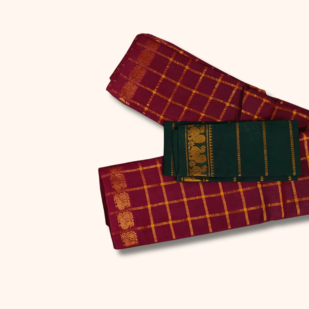 Maroon Sungudi Cotton Saree with Gold Checks and Dark Green Blouse Piece