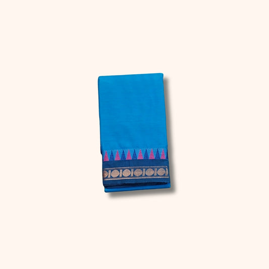Blue Chettinad Cotton Saree with Pink and Gold Traditional Border – Without Blouse