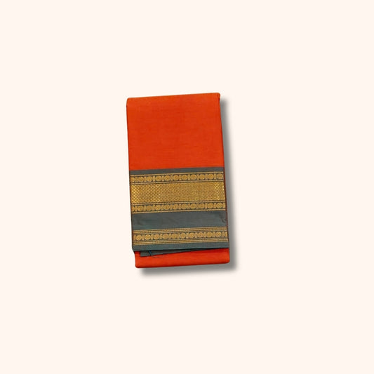 Orange Chettinad Cotton Saree with Green and Maroon Traditional Gold Border – Without Blouse