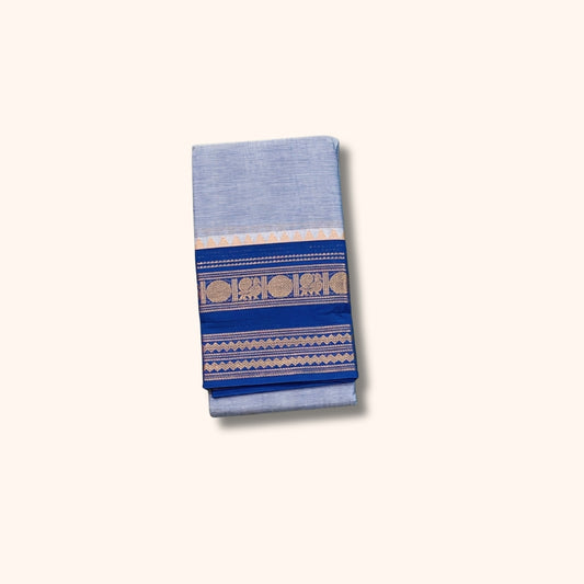 Light Blue Chettinad Cotton Saree with Royal Blue and Gold Traditional Border – Without Blouse