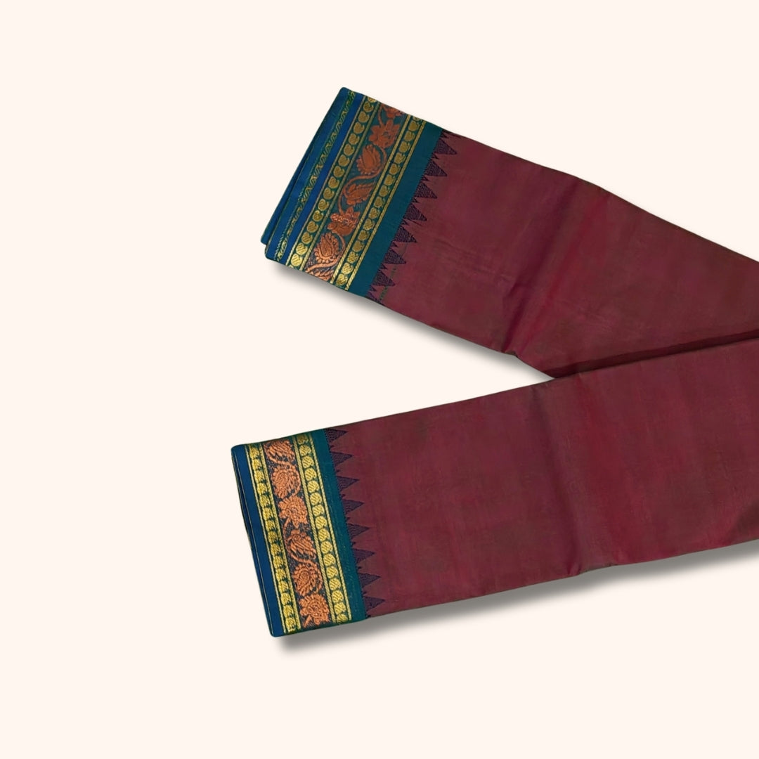 Mauve Maroon Chettinad Cotton Saree with Teal Blue and Gold Traditional Border β Without Blouse