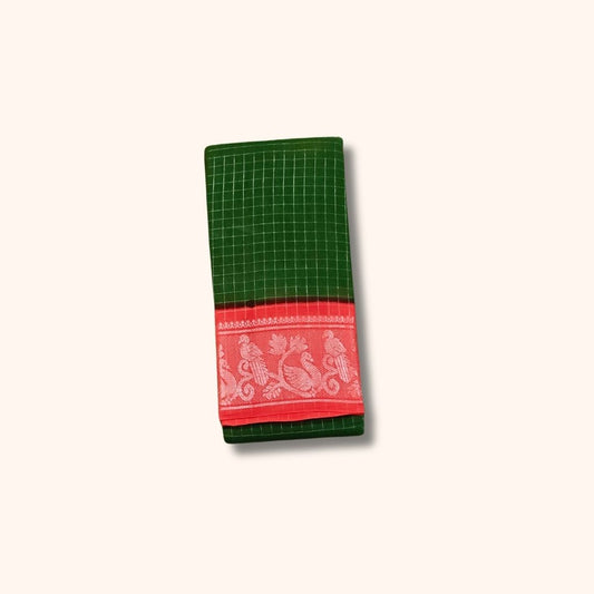 Dark Green Checked Sungudi Cotton Saree with Pink Peacock Design Border – Without Blouse