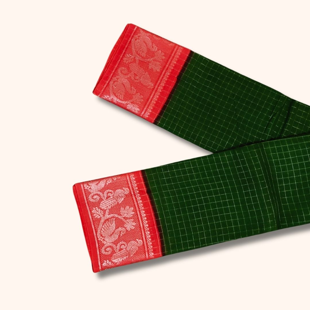 Dark Green Checked Sungudi Cotton Saree with Pink Peacock Design Border β Without Blouse