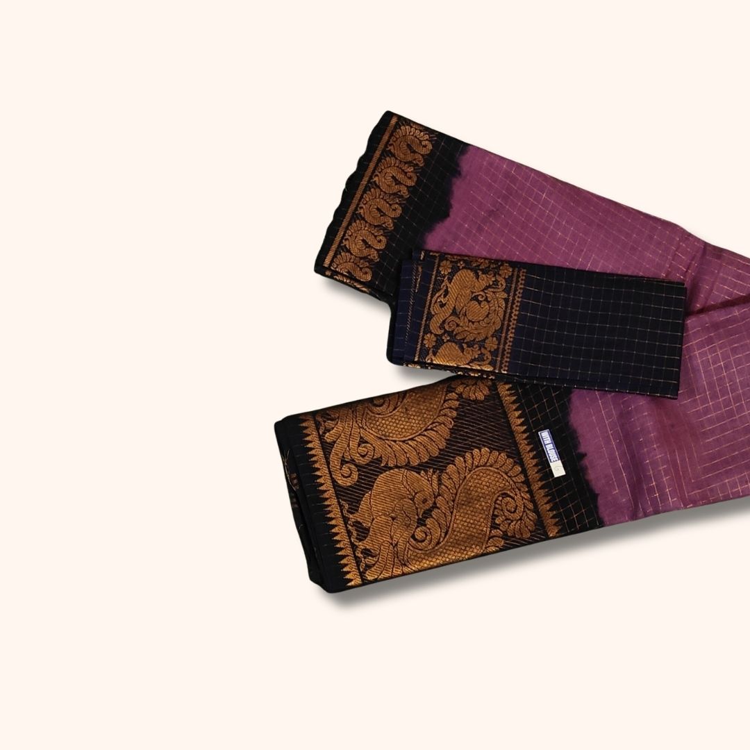 Purple Checked Sungudi Cotton Saree with Black Gold Zari Peacock Border and Separate Blouse Piece