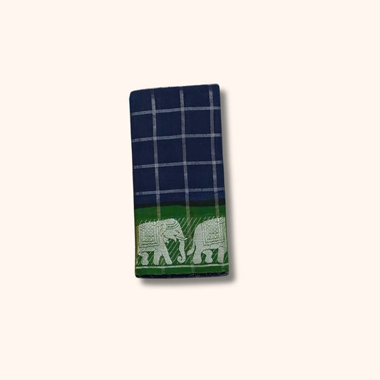 Navy Blue Silver Zari Checked Sungudi Cotton Saree with Green and Blue Elephant Design Border – Without Blouse