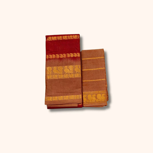 Traditional Sungudi Cotton Saree with Gold Zari Stripes and Decorative Border – With Blouse Piece