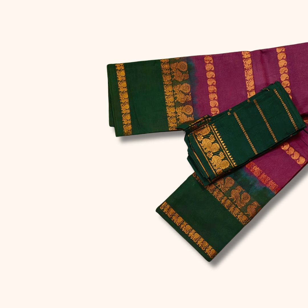 Traditional Sungudi Cotton Saree with Gold Zari Stripes and Decorative Border β With Blouse Piece