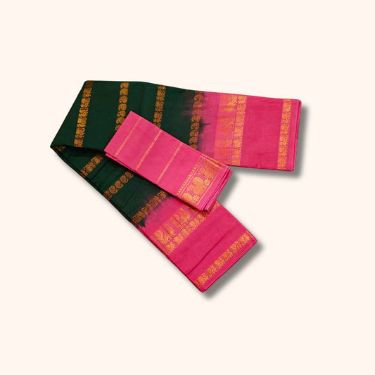 Traditional Sungudi Cotton Saree with Gold Zari Stripes and Peacock Border – With Blouse Piece