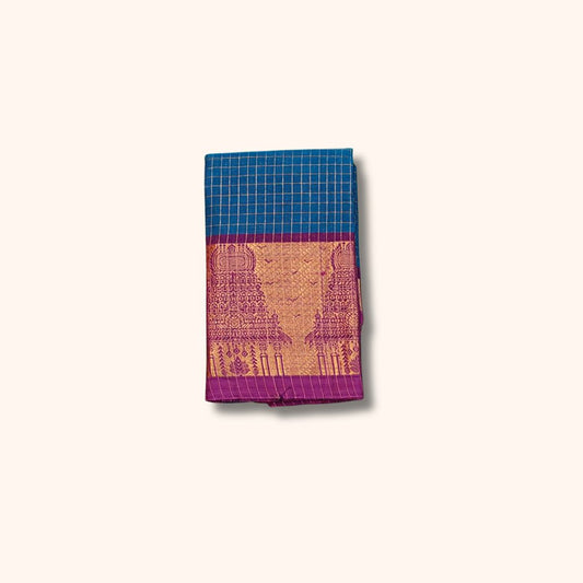 Traditional Chettinad Cotton Saree with Gold Zari Checks and Temple Motif Border – Without Blous