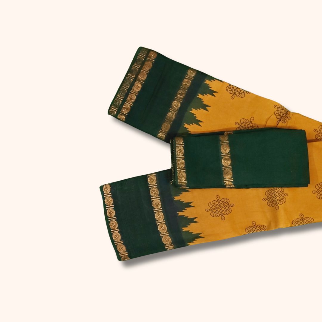 Mustard Yellow and Dark Green Sungudi Cotton Saree with Traditional Kolam Design and Gold Zari Border β Separate Blouse Piece