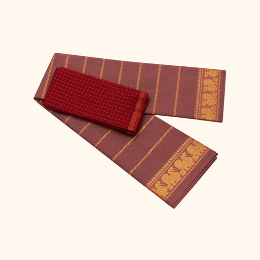 Beautiful Rose Gold Sungudi Cotton Saree with Zari Lines & Contrast Blouse Piece