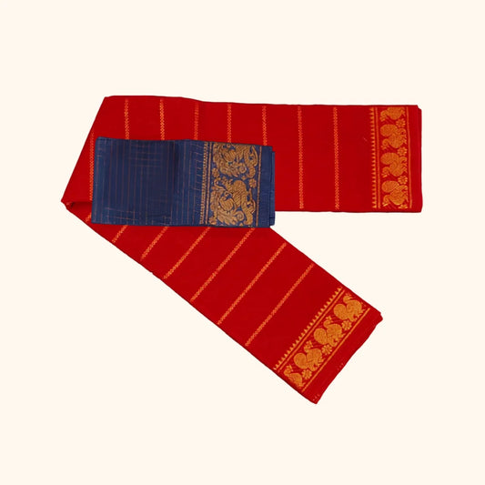 Bright Red Sungudi Cotton Saree with Zari Lines & Navy Blue Contrast Blouse Piece