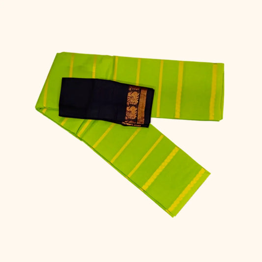 Parrot Green Sungudi Cotton Saree with Zari Lines & Navy Blue Contrast Blouse Piece