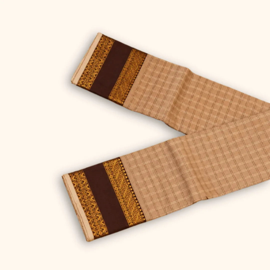 Beige Checked Chettinad Cotton Saree with Chocolate Brown Border