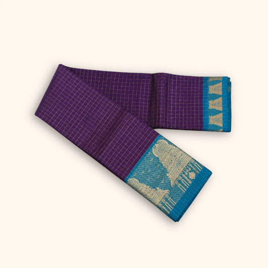Chettinad Cotton Saree with Meenakshi Gopuram Border β Purple Checks with Teal Blue Border
