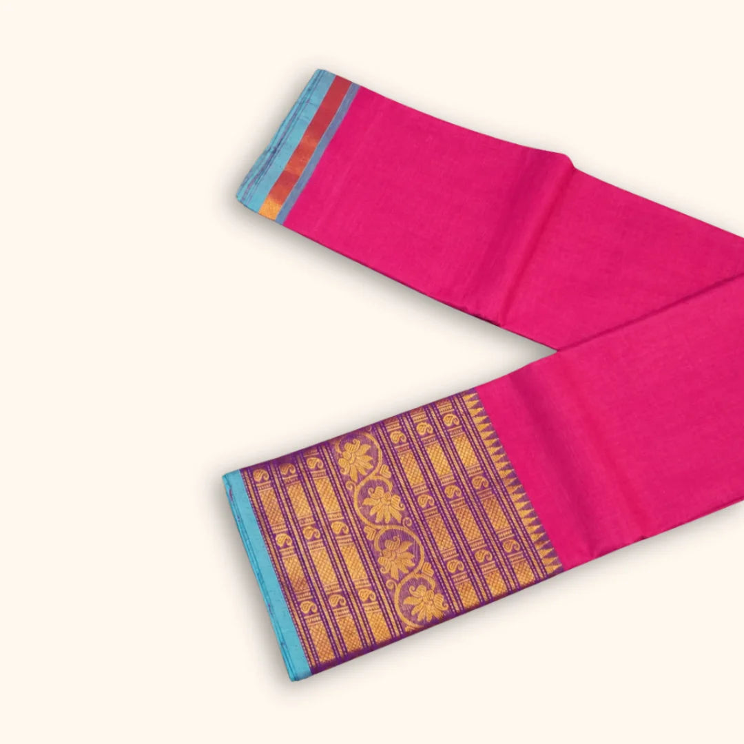 Rani Pink Chettinad Cotton Saree with Purple Zari Border