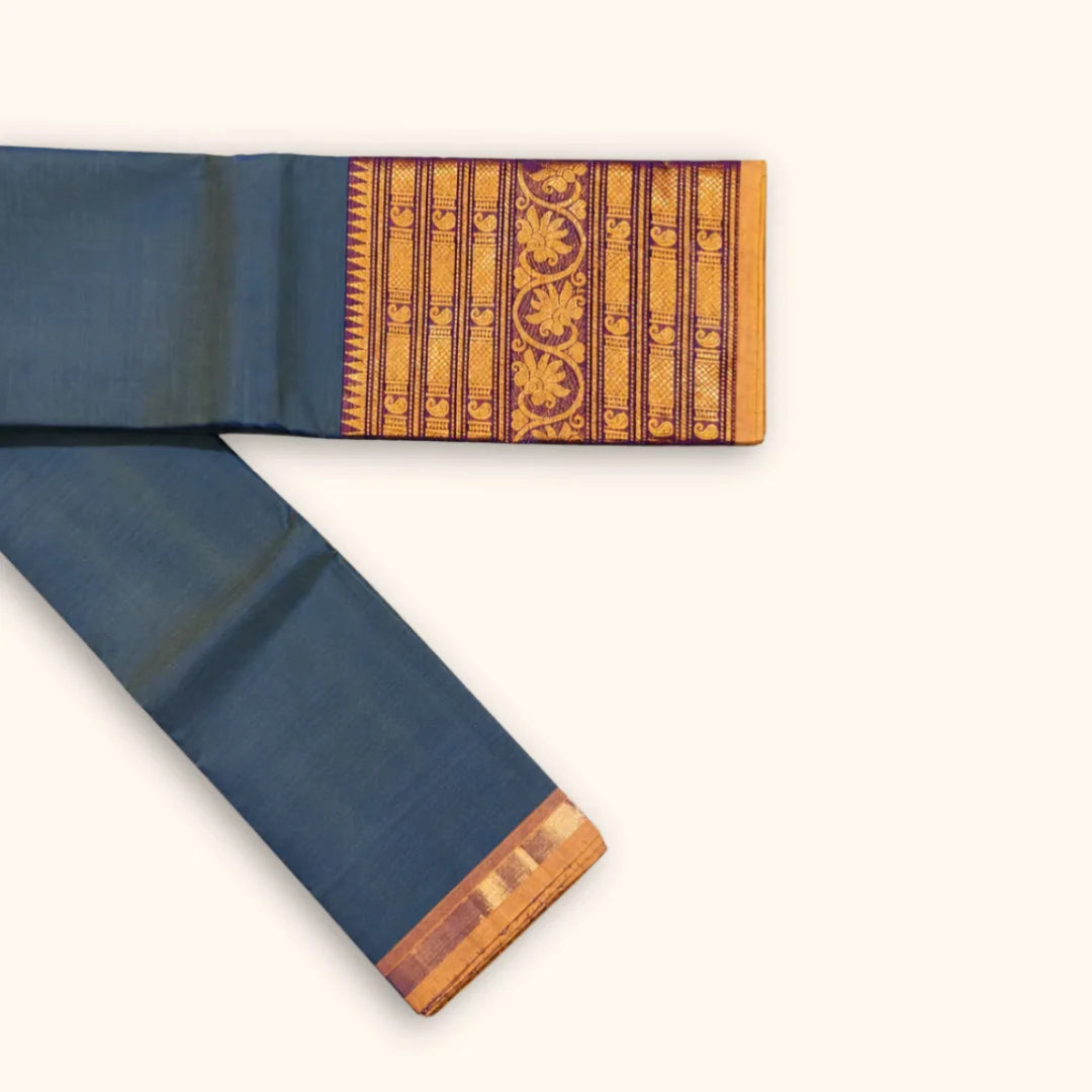 Steel Blue Chettinad Cotton Saree with Royal Purple Zari Border