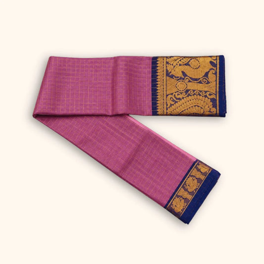 Dusty Rose Chettinad Cotton Saree with Gold Zari Checks & Navy Blue Peacock Border
