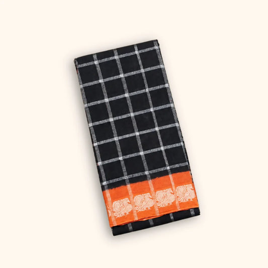 Dark Ink Blue Pavithra Kattam Cotton Saree with Silver Checks & Peach Peacock Border