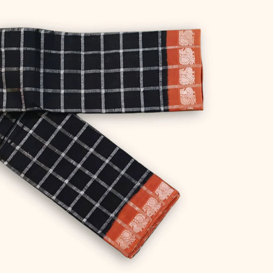 Dark Ink Blue Pavithra Kattam Cotton Saree with Silver Checks & Peach Elephant Border