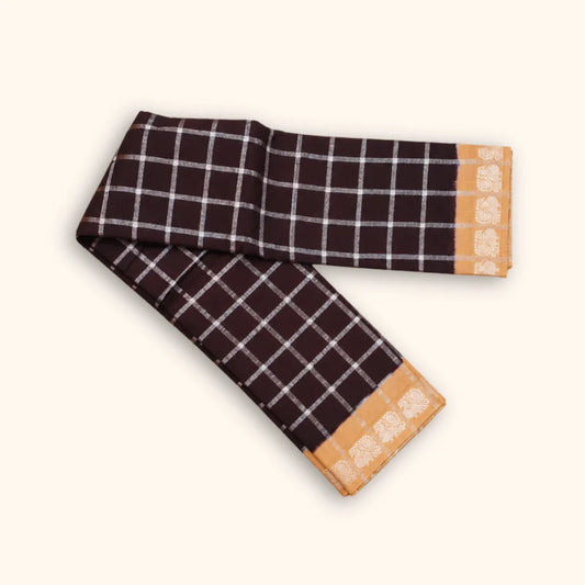 Dark Chocolate Brown Pavithra Kattam Cotton Saree with Silver Checks & Beige Elephant Border