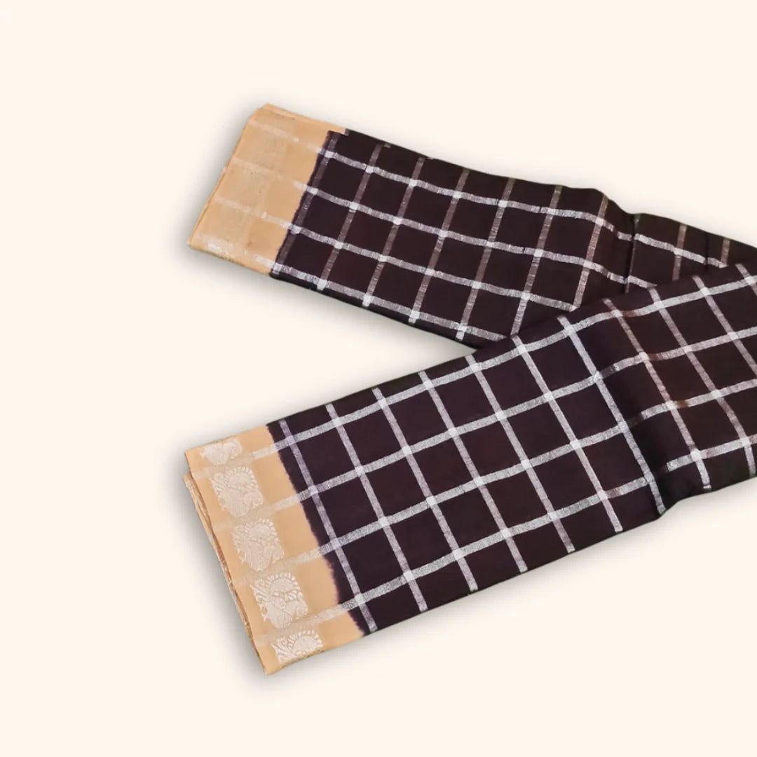 Dark Chocolate Brown Pavithra Kattam Cotton Saree with Silver Checks & Beige Elephant Border