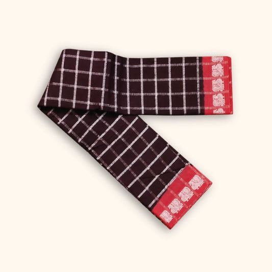 Dark Chocolate Brown Pavithra Kattam Cotton Saree with Silver Checks & Coral Pink Elephant Border