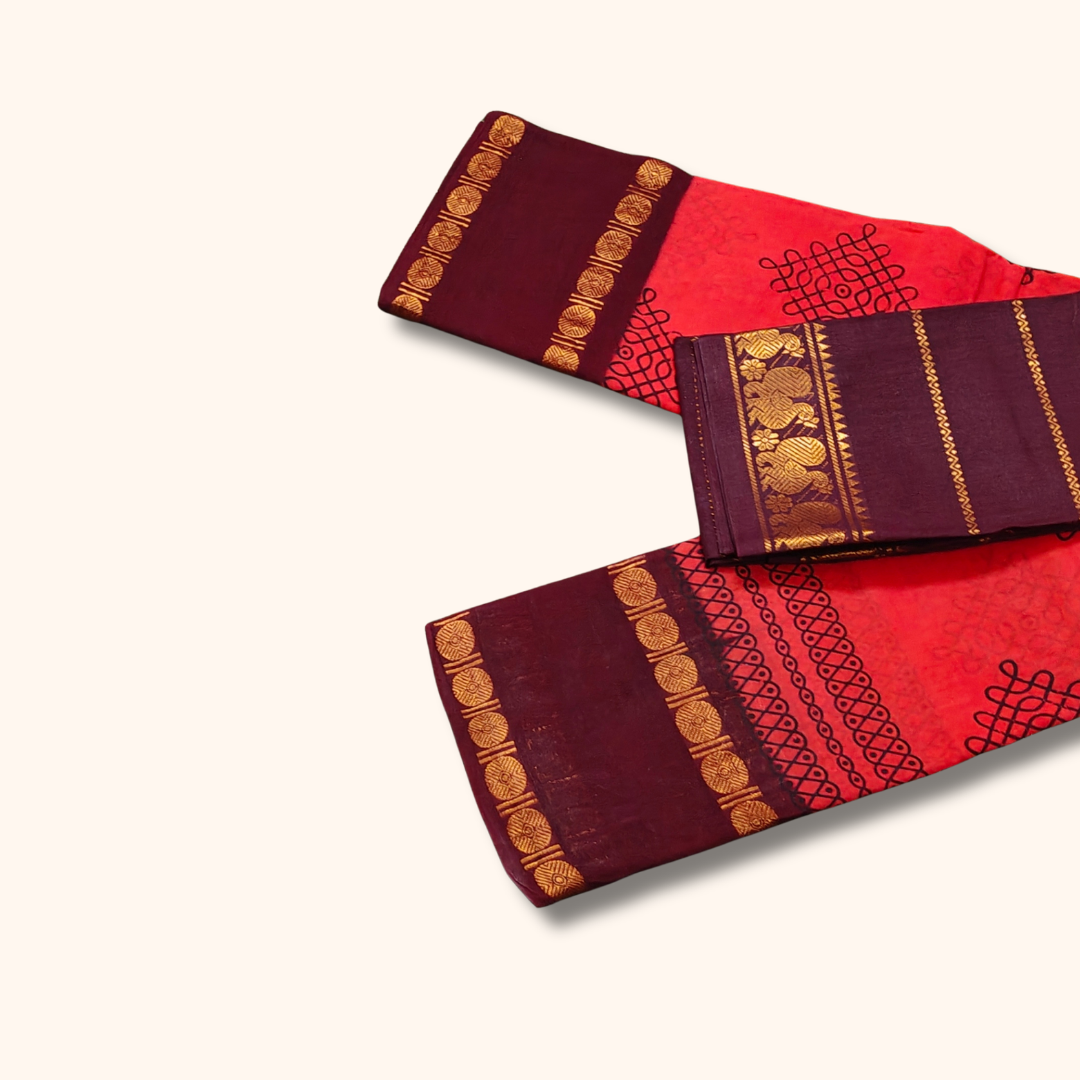 Ruby Red Sungudi Kolam Saree with Contrast Maroon Blouse