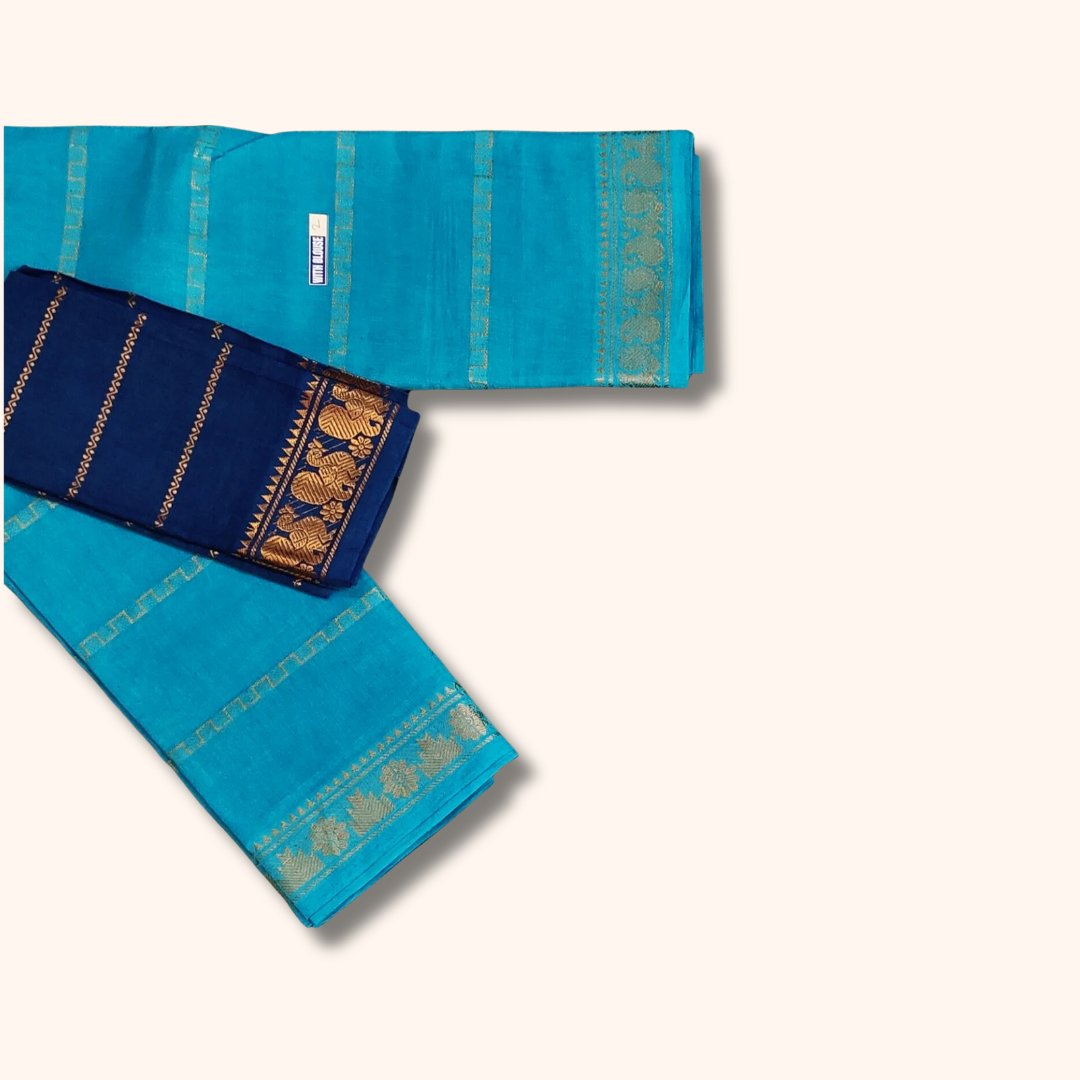 Turquoise Blue Sungudi Cotton Saree with Navy Blue Peacock Border Blouse