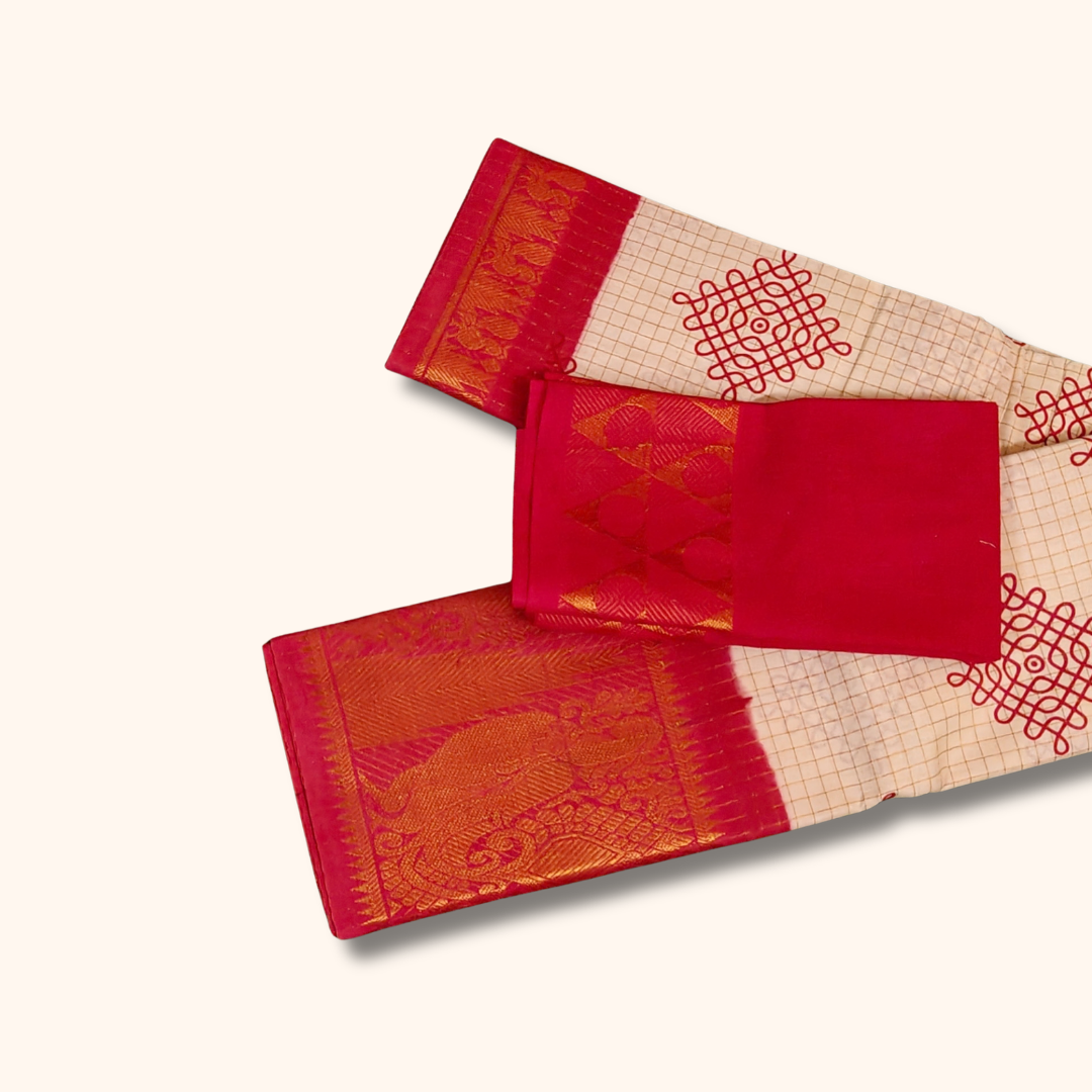 Off-White Checked Kolam Design Sungudi Saree with Pink Border – Separate Blouse