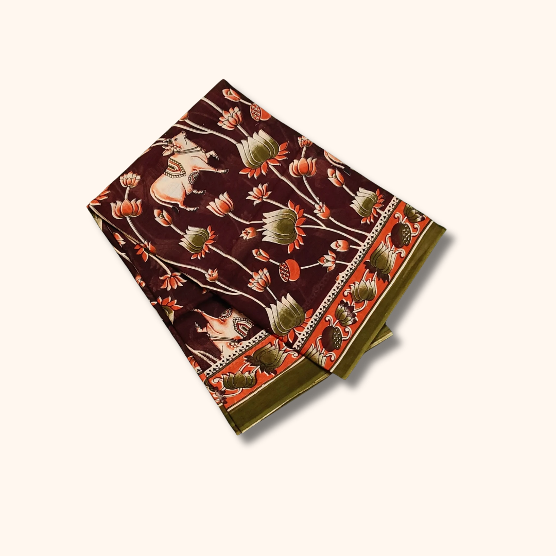 Maroon Kalamkari Cotton Saree with Lotus & Elephant Motifs