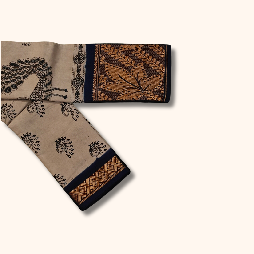 Beige Peacock Print Cotton Saree with Navy Blue Floral Border