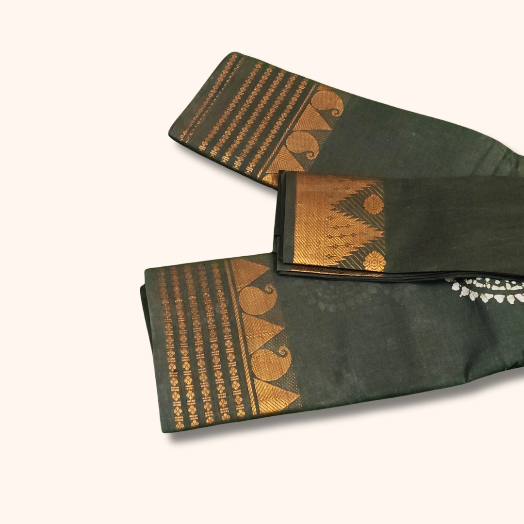 Dark Olive Green Sungudi Cotton Saree with Traditional Gold Zari Border & Matching Blouse Piece