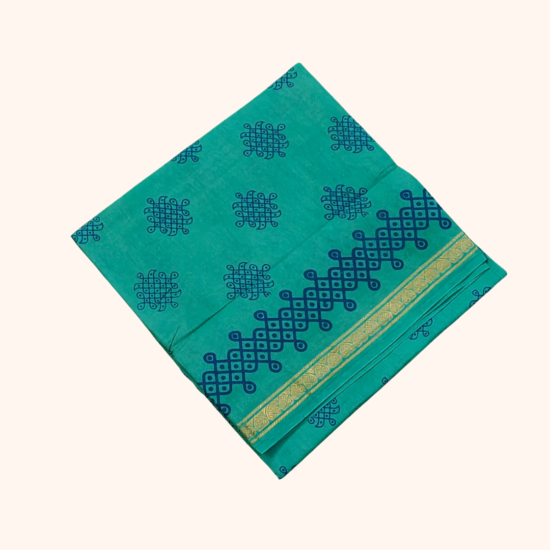 Aqua Blue Kolam Print with Zari Border