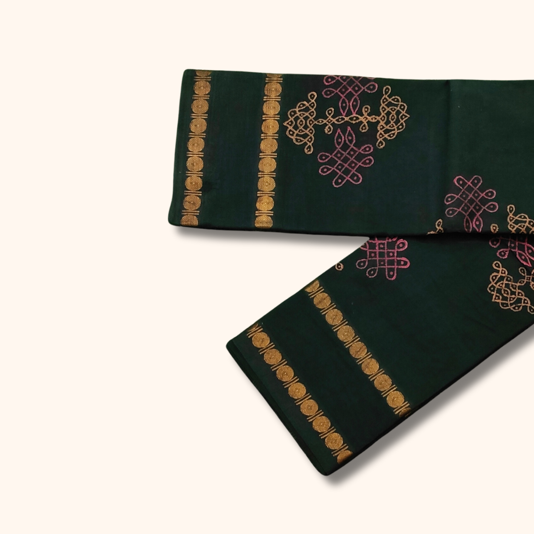 Dark Green Cotton Saree with Gold Border – Running Blouse