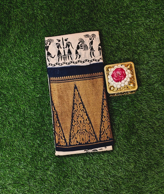 Beige Printed Sungudi Cotton Saree with Navy Blue Zari Border