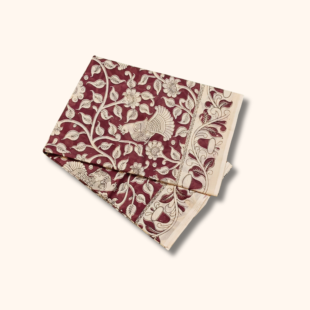 Maroon Kalamkari Cotton Saree with Butterfly & Floral Print –